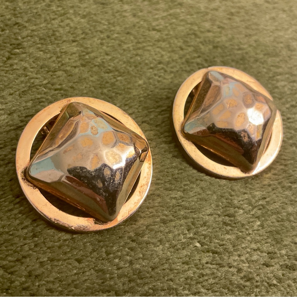 Bergre Earrings Vintage Gold Tone Round W/ Square Dome Clip-On Signed